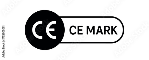 Black silhouette flat icon and outline icon style. Modern safety certification label design. Circular black icon on the left with simple flat pictogram of CE letters. From the circle