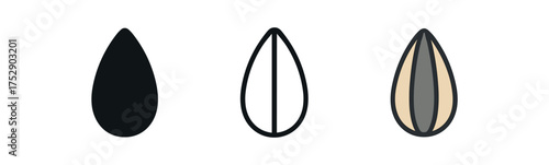 sunflower seed icon on white background Black silhouette flat icon outline icon and colored icon style. 1x3 grid. three minimal vector icon style.centered composition clear white space