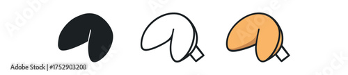fortune cookie icon on white background Black silhouette flat icon outline icon and colored icon style. 1x3 grid. three minimal vector icon style.centered composition clear white space