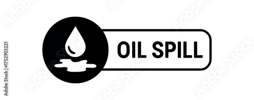 Black silhouette flat icon and outline icon style. Modern warning label design. Circular black icon on the left with simple flat pictogram of oil spill. From the circle extends rounded