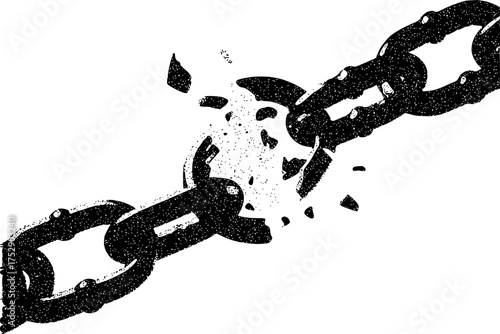 A broken chain link shatters, symbolizing freedom and breaking free from constraints