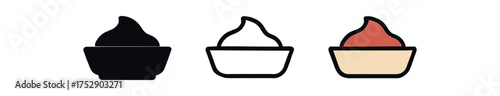 sushi sauce tray icon on white background Black silhouette flat icon outline icon and colored icon style. 1x3 grid. three minimal vector icon style