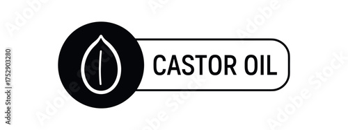 Black silhouette flat icon and outline icon style. Modern cosmetic label design. Circular black icon on the left with pictogram of castor seed. From the circle extends rounded rectangular