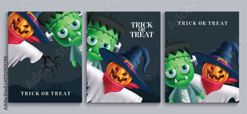 Halloween characters vector poster set design. Happy Halloween trick or treat greeting text with zombie and scare crow characters in full moon night scary collection. Vector illustration horror party 