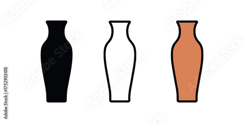 ceramic vase tall icon on white background Black silhouette flat icon outline icon and colored icon style. 1x3 grid. three minimal vector icon style