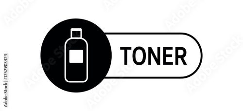 Black silhouette flat icon and outline icon style. Modern cosmetic label design. Circular black icon on the left with simple flat pictogram of toner bottle. From the circle extends rounded