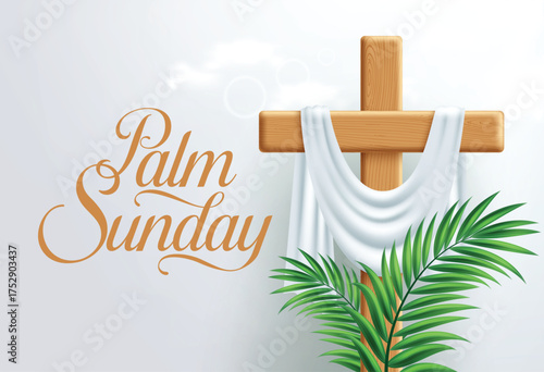 Palm Sunday clipart design. Happy easter Sunday with wood Christian cross for Jesus Christ resurrection and risen catholic celebration. Vector illustration Christianity religion clip art.
