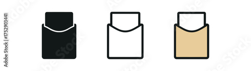 paper sleeve icon on white background Black silhouette flat icon outline icon and colored icon style. 1x3 grid. three minimal vector icon style.centered composition clear white space around
