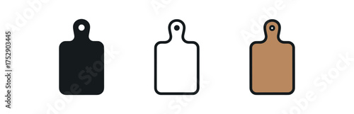cutting board icon on white background Black silhouette flat icon outline icon and colored icon style. 1x3 grid. three minimal vector icon style.centered composition clear white space