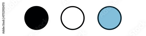 circle icon on white background Black silhouette flat icon outline icon and colored icon style. 1x3 grid. three minimal vector icon style.centered composition clear white space around equal