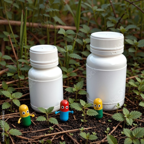 Colorful Figurines With White Bottles on Green Natural Background