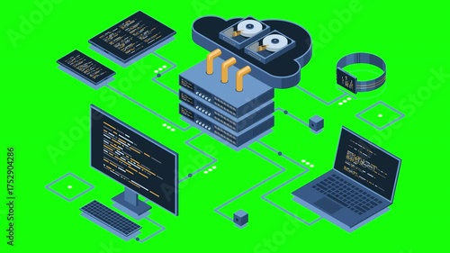 Isometric cloud technology computing animation. Isometric network with computer, laptop, tablet, and smartphone. Isometric technology. 4K video animated in isometric style
