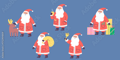 Christmas santa claus set with reindeer gifts and festive decorations