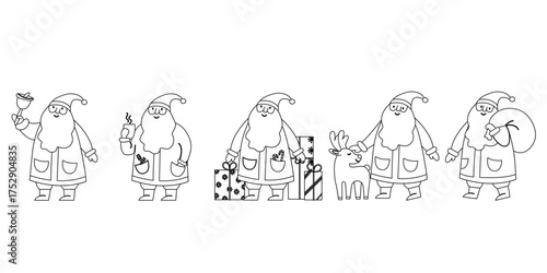 Outline santa claus christmas set with reindeer gifts and festive decorations
