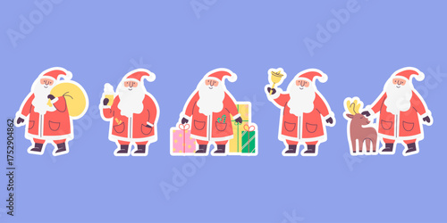Santa claus christmas sticker set with reindeer and festive gifts