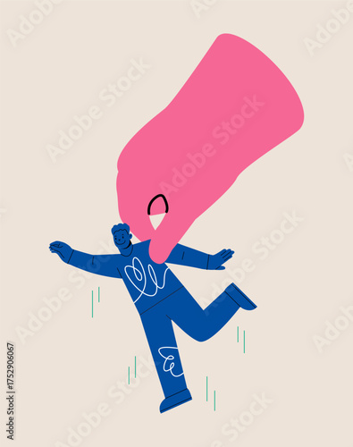 Big hand help man. Helping hand and support concept. Colorful vector illustration