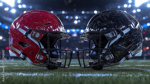 Two American Football Helmets Facing Each Other on a Stadium Field.