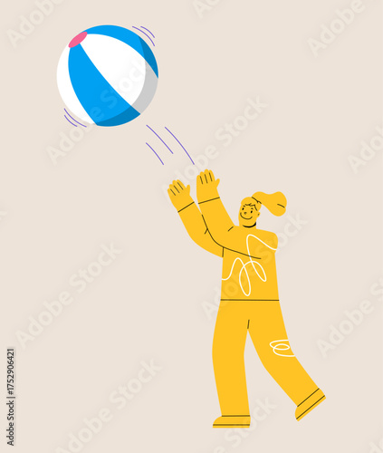 Woman throwing beach ball. Colorful vector illustration