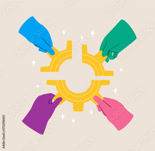 Teammates connecting the parts of the gear together. Partnership concept. Colorful vector illustration