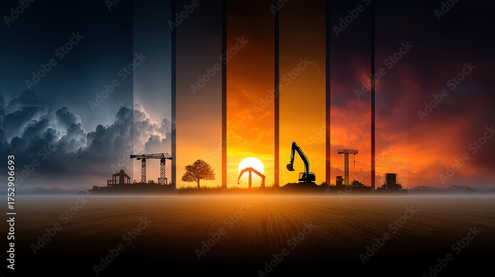 Fototapeta premium Construction site silhouette with crane and excavator at sunset, dramatic sky with clouds and warm glowing horizon