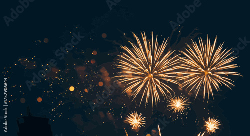 Spectacular golden fireworks illuminate the night sky with vibrant bursts