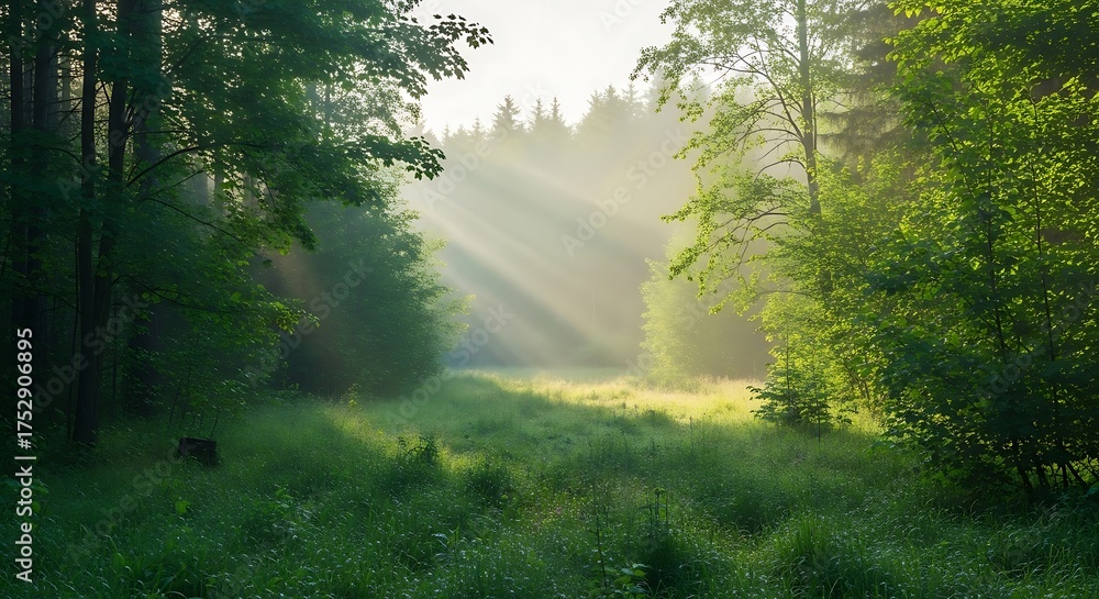 Obraz premium Sunbeams pierce through the mist and forest canopy, illuminating a dewy, vibrant green meadow in the early morning, creating an ethereal and peaceful woodland scene.