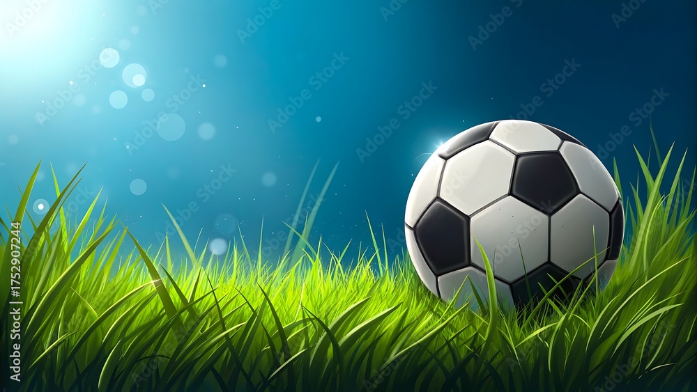 Fototapeta premium Soccer ball on green grass field under sunlight representing outdoor football game and sports concept 