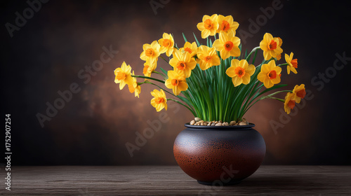 Yellow daffodil flowers bloom beautifully in round brown ceramic pot with green leaves on wooden surface, creating warm and cheerful atmosphere