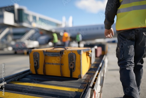 Airport baggage handler with yellow suitcase
