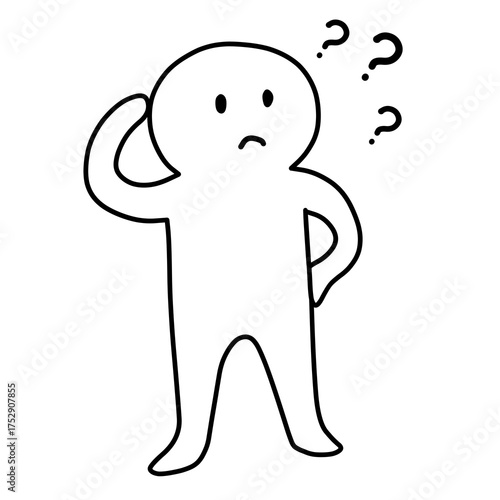 困っている人の線画・棒人間のイラスト（疑問マーク付き）