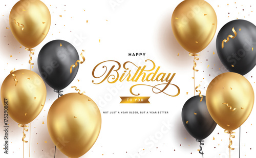 Birthday greeting vector design. Happy birthday greeting text with elegant floating gold and black balloons for birth day celebration background. Vector illustration elegant banner design.