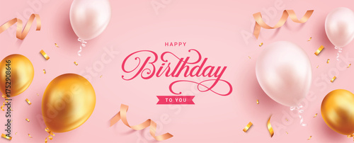 Birthday greeting vector banner design. Happy birthday greeting text with metallic gold white balloons and confetti elements in pink background for birthday party celebration. Vector illustration