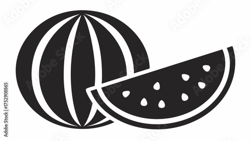 Illustration of a whole watermelon with stripes and a slice with seeds in black and white color scheme
