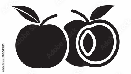 Illustration of two plums with leaves and stems one whole and one cut showing the pit inside fruit design