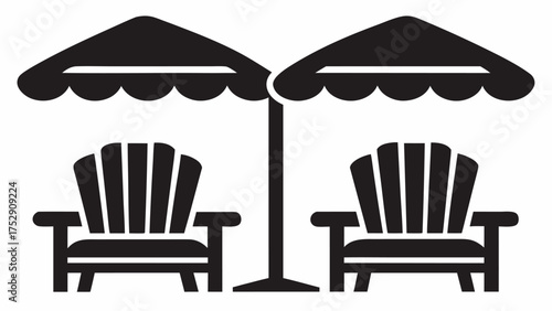 Illustration of two beach chairs under two umbrellas providing shade on a sunny day in black and white