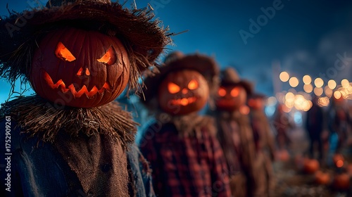 Wallpaper Mural Pumpkin patch at midnight, glowing carved faces casting flickering light, scarecrow with glowing red eyes watching silently Torontodigital.ca