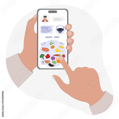 Dash diet app concept with user interface on smartphone screen showing healthy food selection