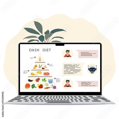 Dash diet pyramid on laptop screen with chatbot conversation and leafy plant in background