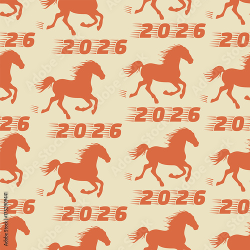 Seamless pattern with galloping horses and 2026 text conveys dynamic energy and anticipation