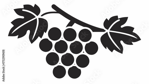 Illustration of a bunch of grapes hanging from a branch with two leaves in black and white color