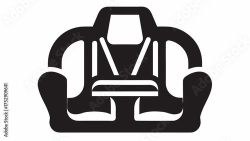 Illustration of a black and white car seat with safety straps and headrest for child safety in vehicle
