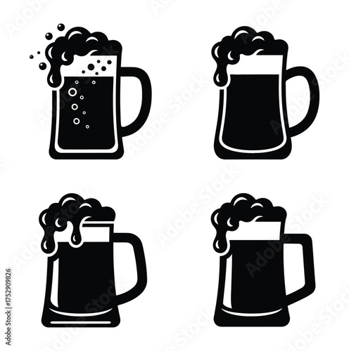Black and white vector illustration of four beer mugs with foam design on white background