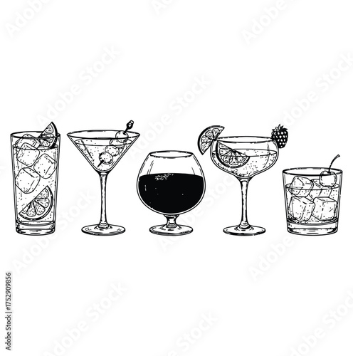 Hand drawn illustration of various cocktail glasses with different drinks and fruit garnishes on white background