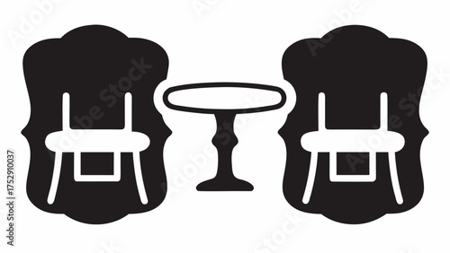 Illustration of a round table with a pedestal base placed between two ornate chairs in black and white