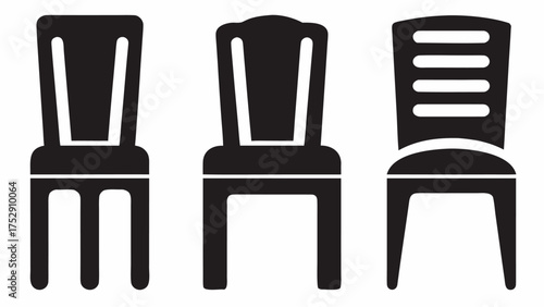 Three different chair designs in black silhouette with varying back styles and leg configurations