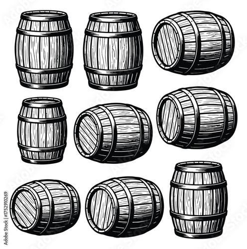 Collection of vintage wooden barrels perfect for brewery distillery or rustic design elements on white background