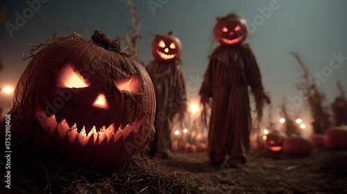 Wallpaper Mural Pumpkin patch at midnight, glowing carved faces casting flickering light, scarecrow with glowing red eyes watching silently Torontodigital.ca