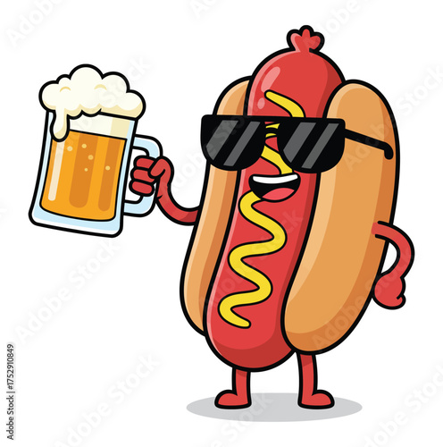 Cartoon hotdog character wearing sunglasses and holding a beer mug in a fun playful style on white background