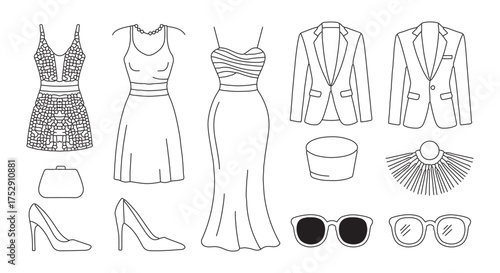 Collection of womens fashion items including dresses, shoes, and accessories, isolated on white background