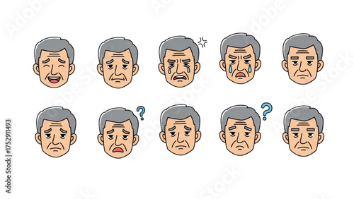 Collection of elderly man's facial expressions showing various emotions and feelings